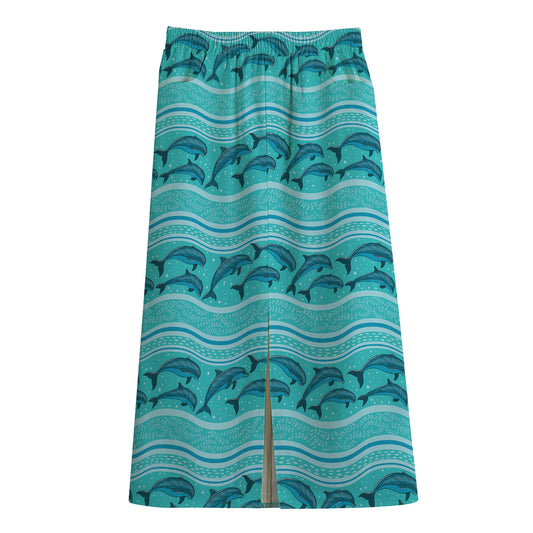 Boho Dolphin Pattern Print Cotton Front Slit Maxi Skirt