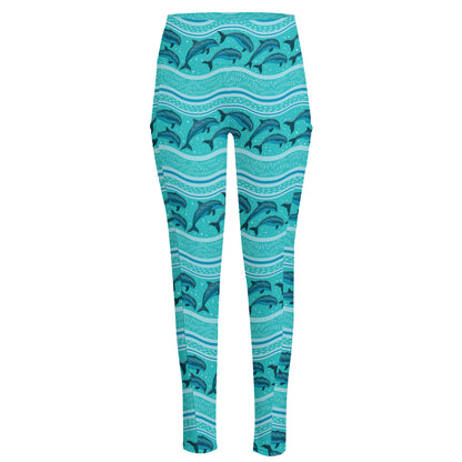 Boho Dolphin Pattern Print High-Waisted Pocket Leggings