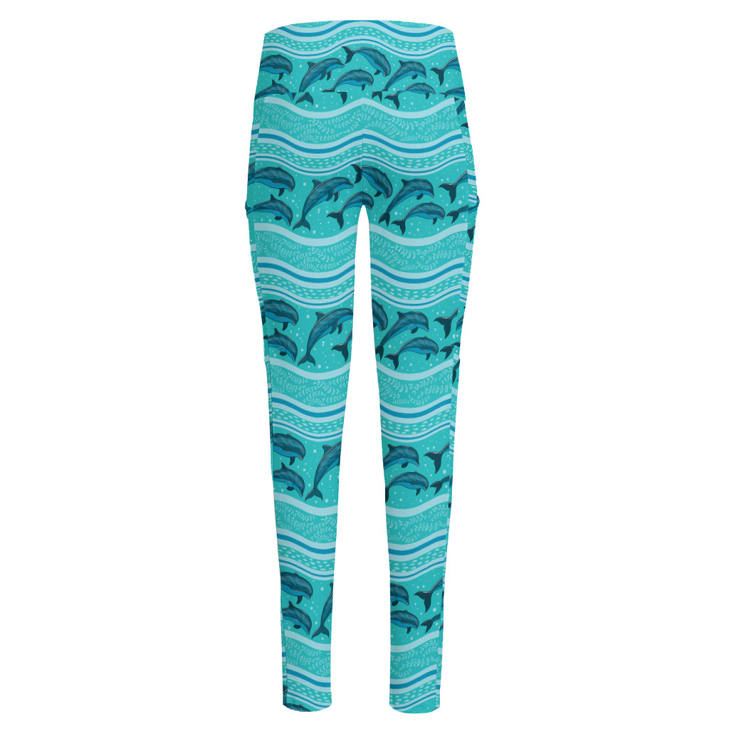 Boho Dolphin Pattern Print High-Waisted Pocket Leggings