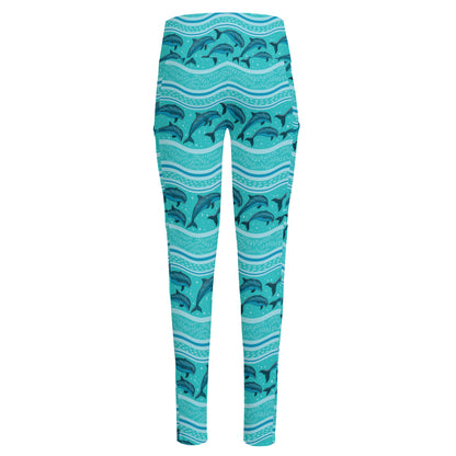 Boho Dolphin Pattern Print High-Waisted Pocket Leggings