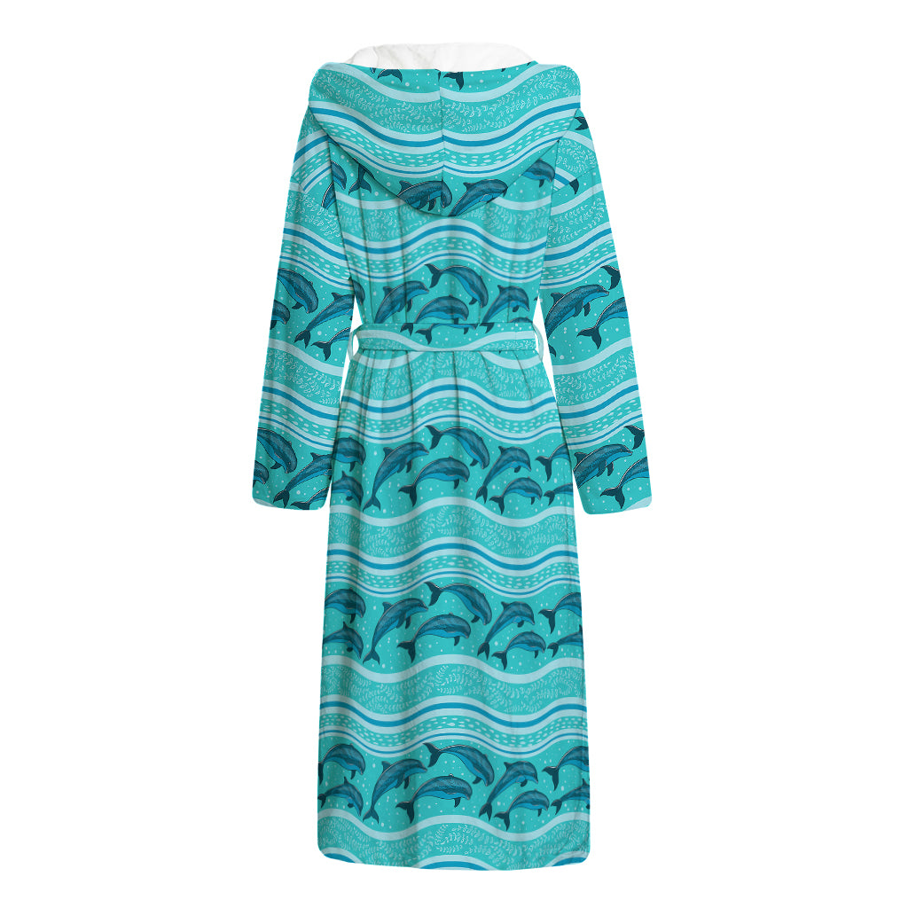 Boho Dolphin Pattern Print Hooded Bathrobe