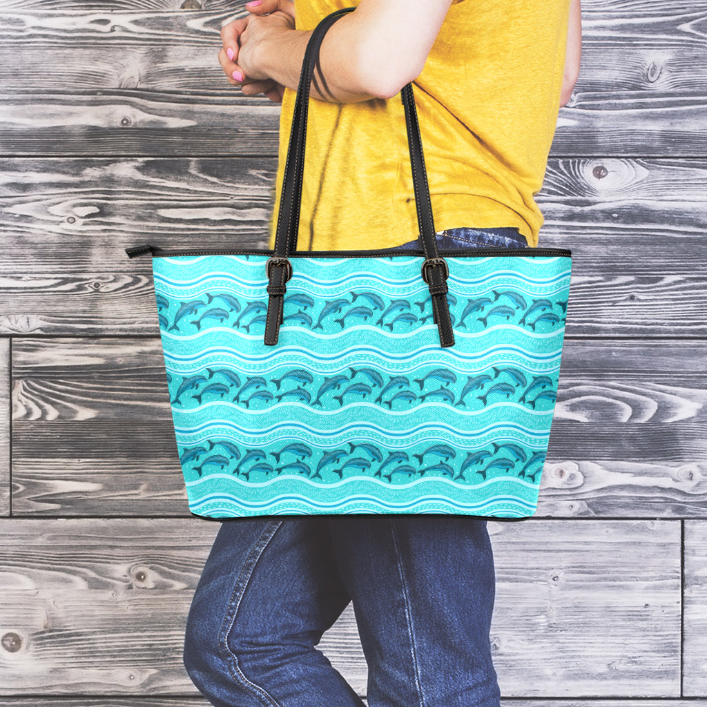 Boho Dolphin Pattern Print Leather Tote Bag