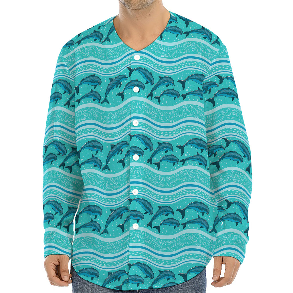Boho Dolphin Pattern Print Long Sleeve Baseball Jersey