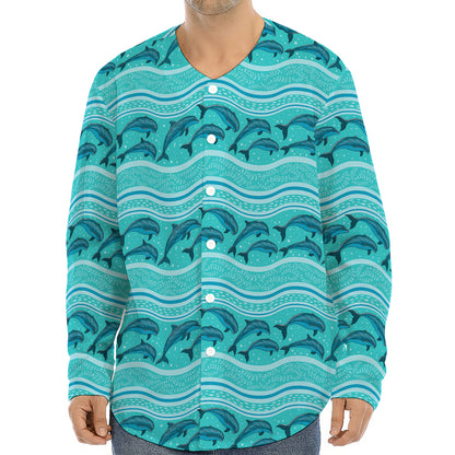Boho Dolphin Pattern Print Long Sleeve Baseball Jersey