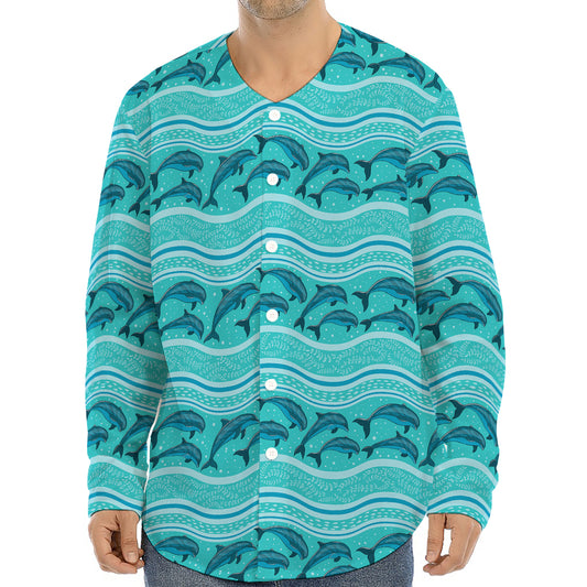 Boho Dolphin Pattern Print Long Sleeve Baseball Jersey