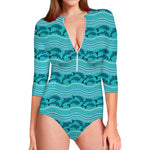 Boho Dolphin Pattern Print Long Sleeve Swimsuit