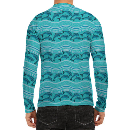 Boho Dolphin Pattern Print Men's Long Sleeve Rash Guard