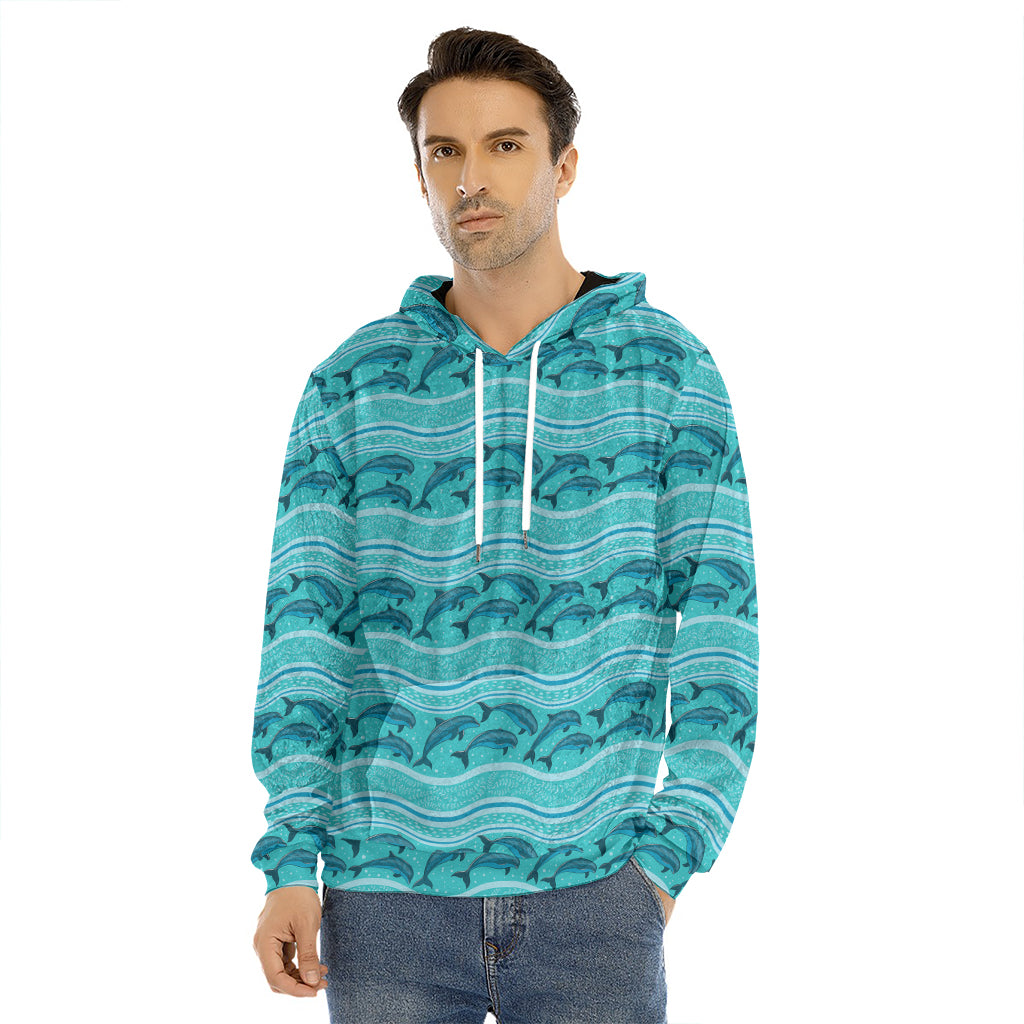 Boho Dolphin Pattern Print Men's Velvet Pullover Hoodie