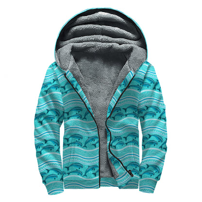 Boho Dolphin Pattern Print Sherpa Lined Zip Up Hoodie