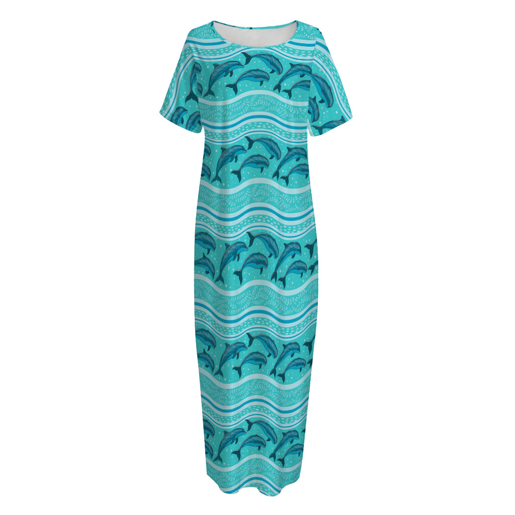 Boho Dolphin Pattern Print Short Sleeve Long Nightdress