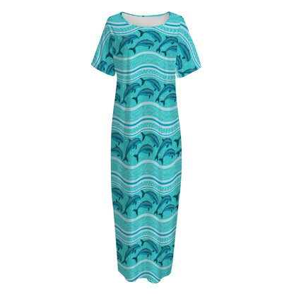 Boho Dolphin Pattern Print Short Sleeve Long Nightdress