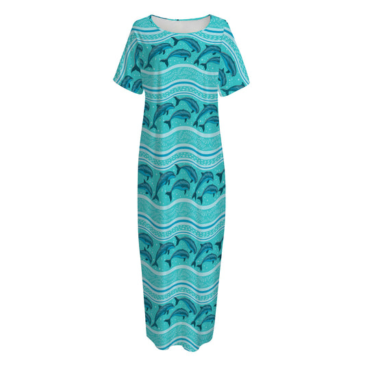 Boho Dolphin Pattern Print Short Sleeve Long Nightdress