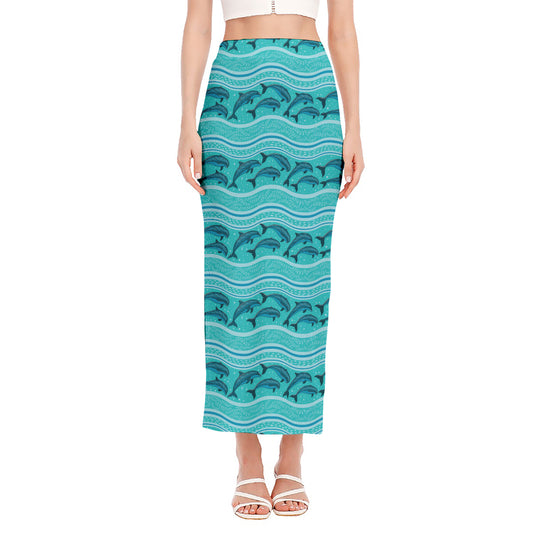 Boho Dolphin Pattern Print Side Slit Maxi Skirt