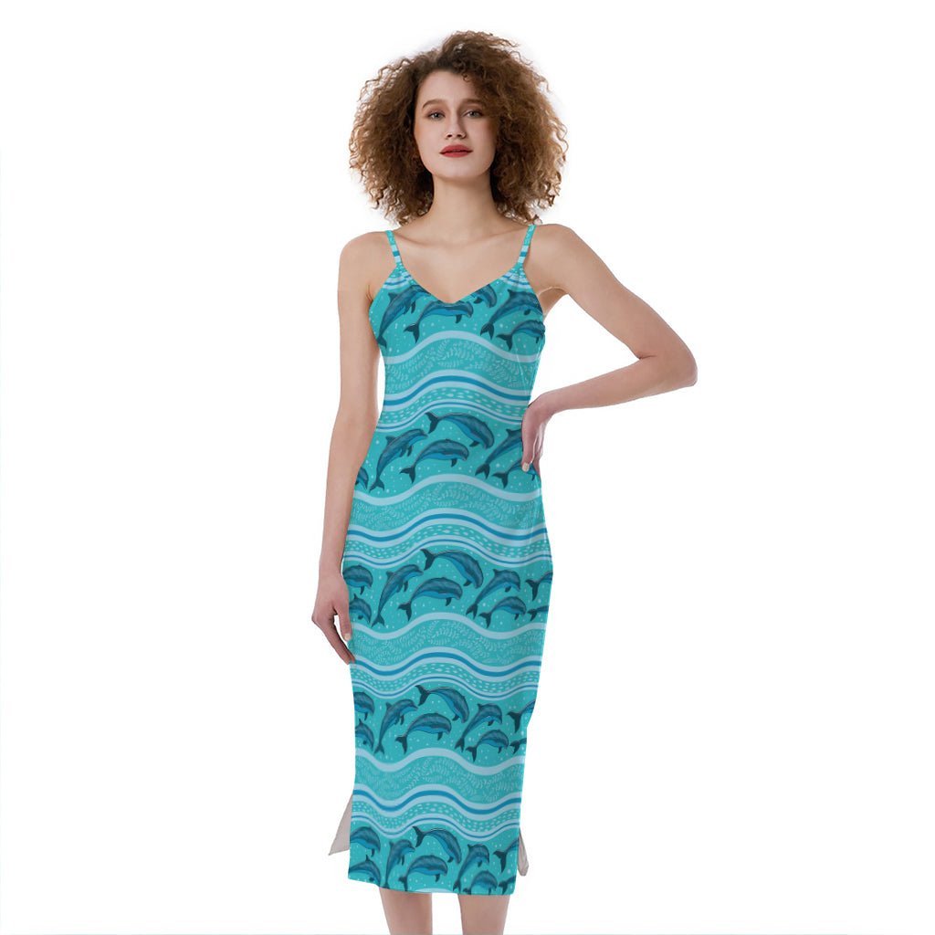Boho Dolphin Pattern Print Slim Fit Midi Cami Dress