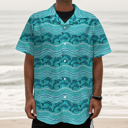 Boho Dolphin Pattern Print Textured Short Sleeve Shirt