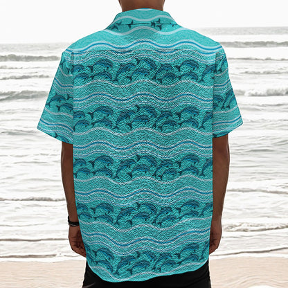 Boho Dolphin Pattern Print Textured Short Sleeve Shirt