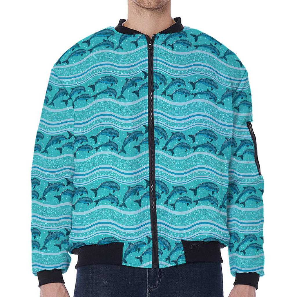 Boho Dolphin Pattern Print Zip Sleeve Bomber Jacket