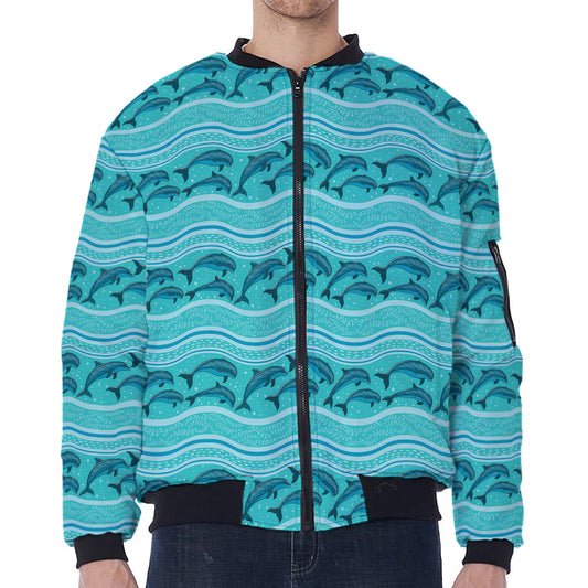 Boho Dolphin Pattern Print Zip Sleeve Bomber Jacket