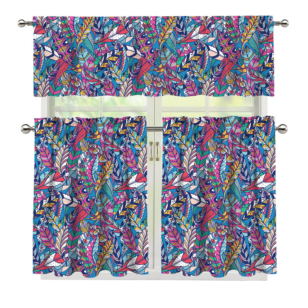 Boho Feather Pattern Print 3 Piece Kitchen Curtains