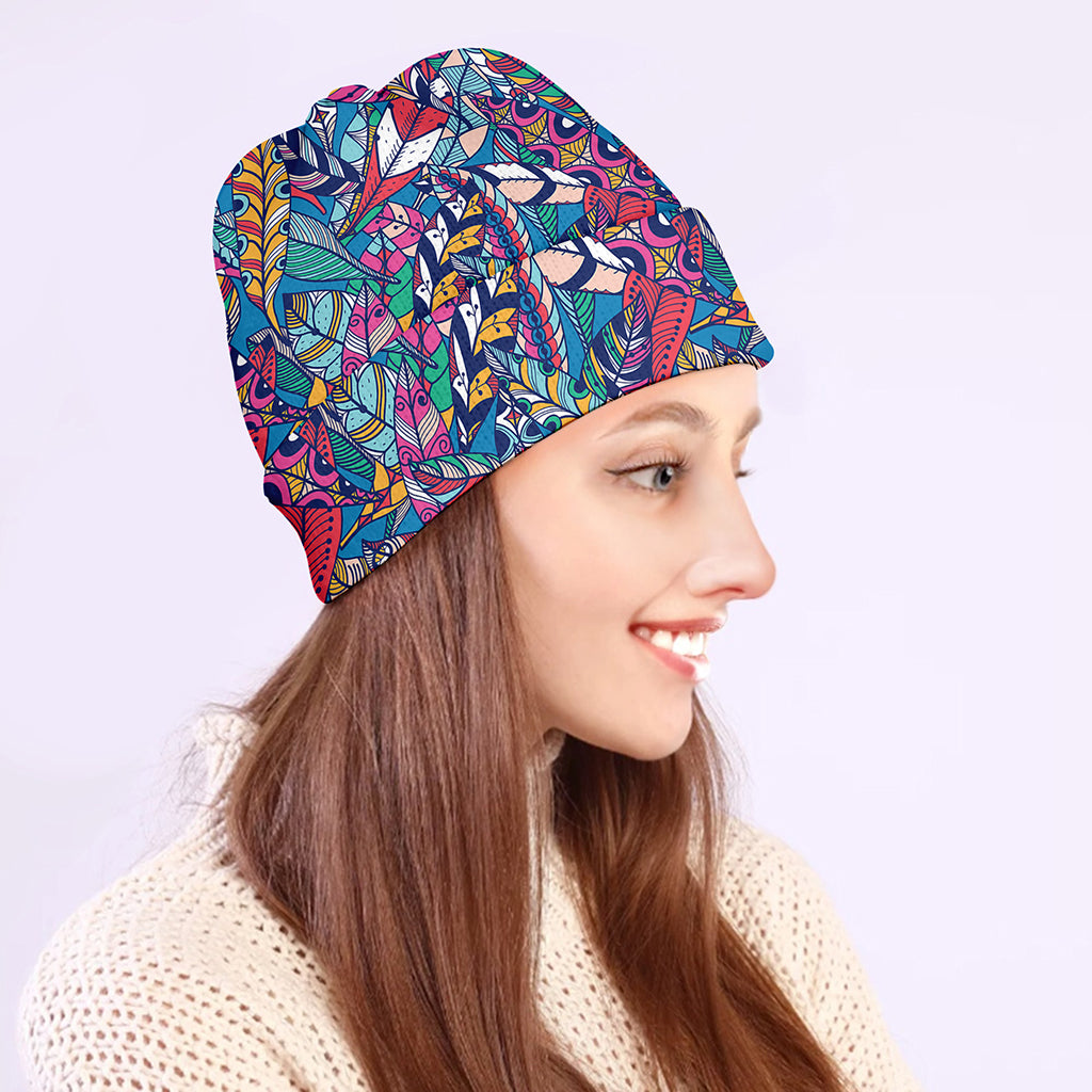 Boho Feather Pattern Print Beanie