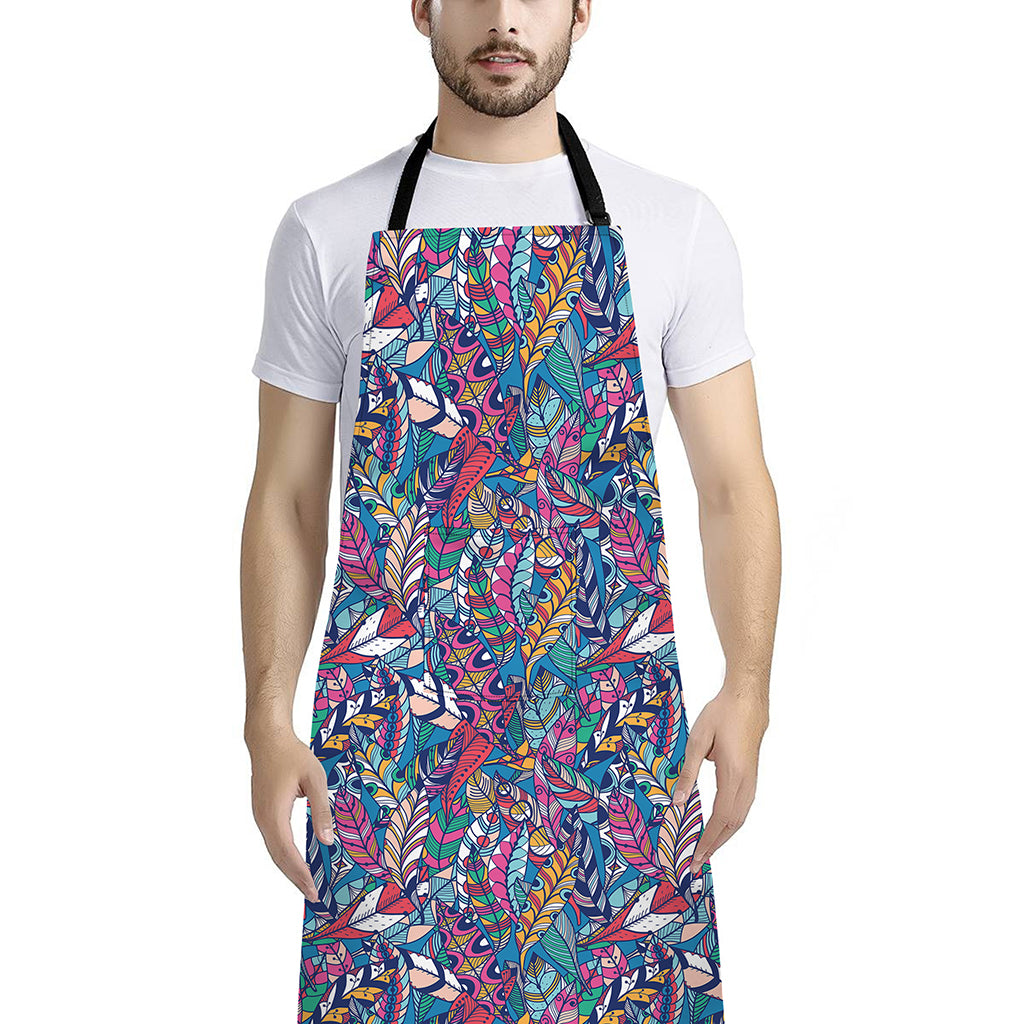 Boho Feather Pattern Print Bib Apron With Pocket