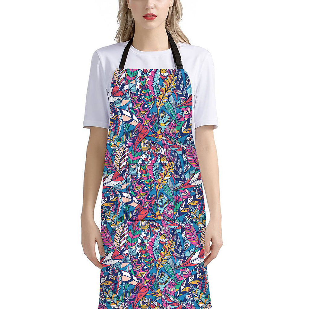 Boho Feather Pattern Print Bib Apron With Pocket