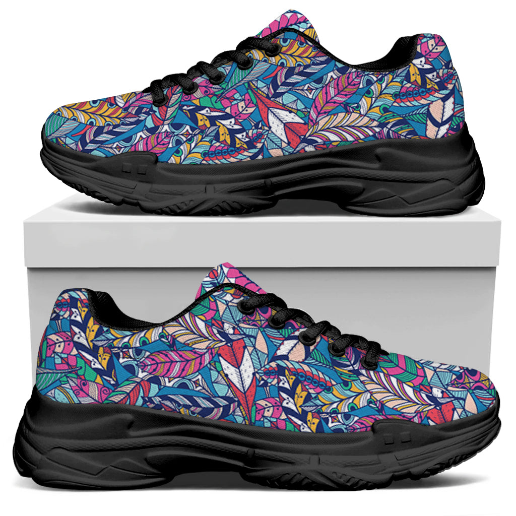 Boho Feather Pattern Print Black Chunky Shoes