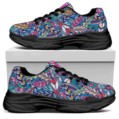Boho Feather Pattern Print Black Chunky Shoes