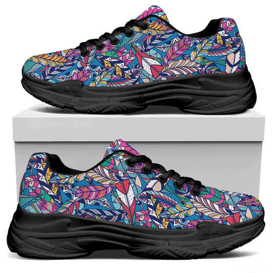 Boho Feather Pattern Print Black Chunky Shoes