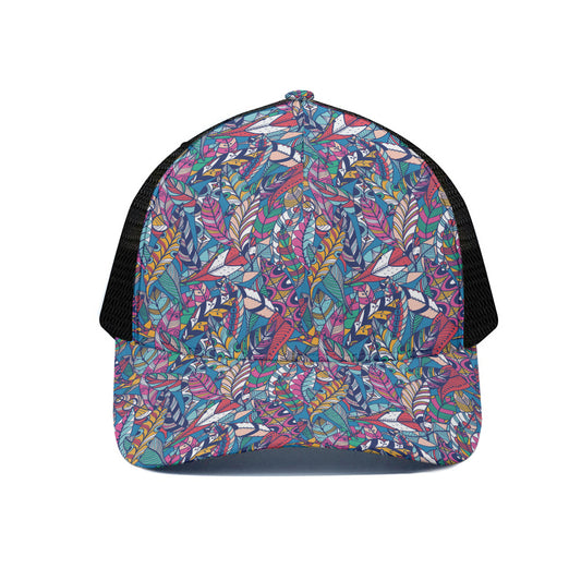 Boho Feather Pattern Print Black Mesh Trucker Cap