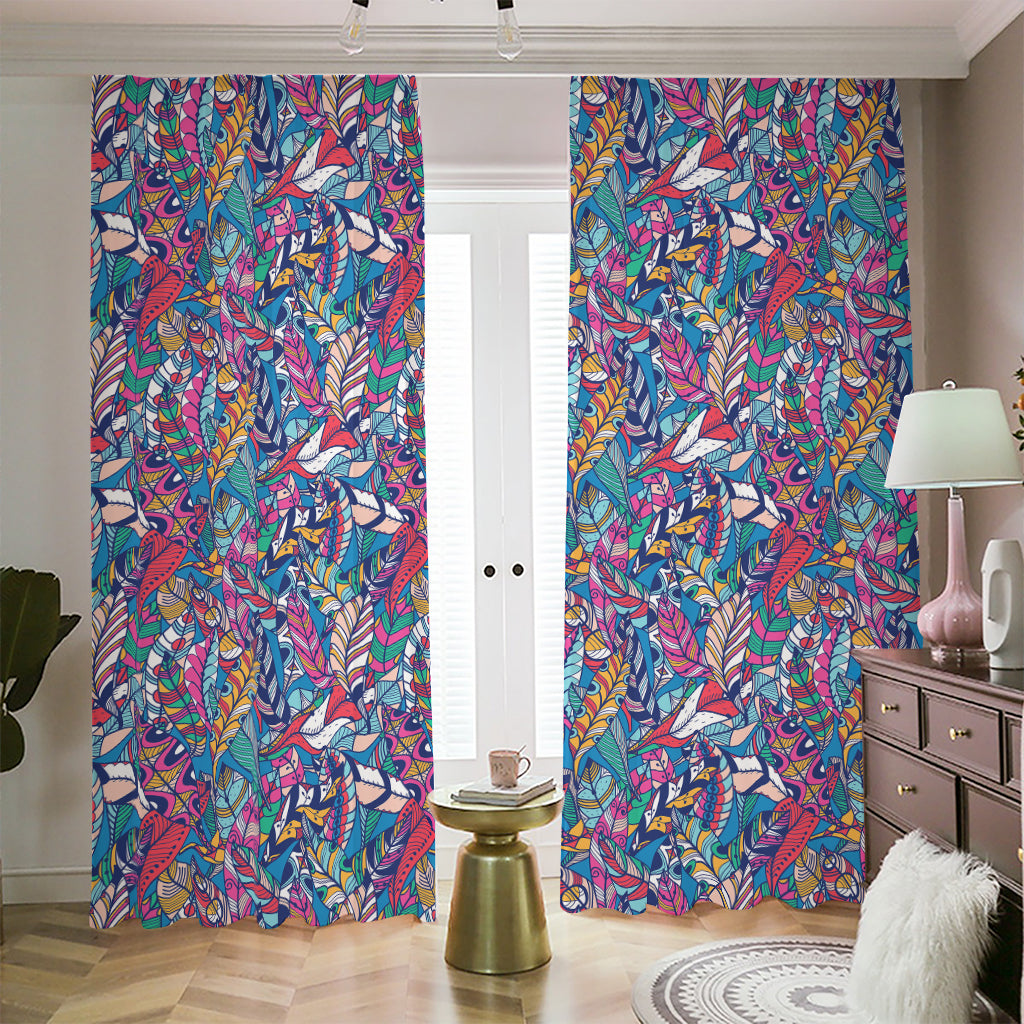 Boho Feather Pattern Print Blackout Pencil Pleat Curtains