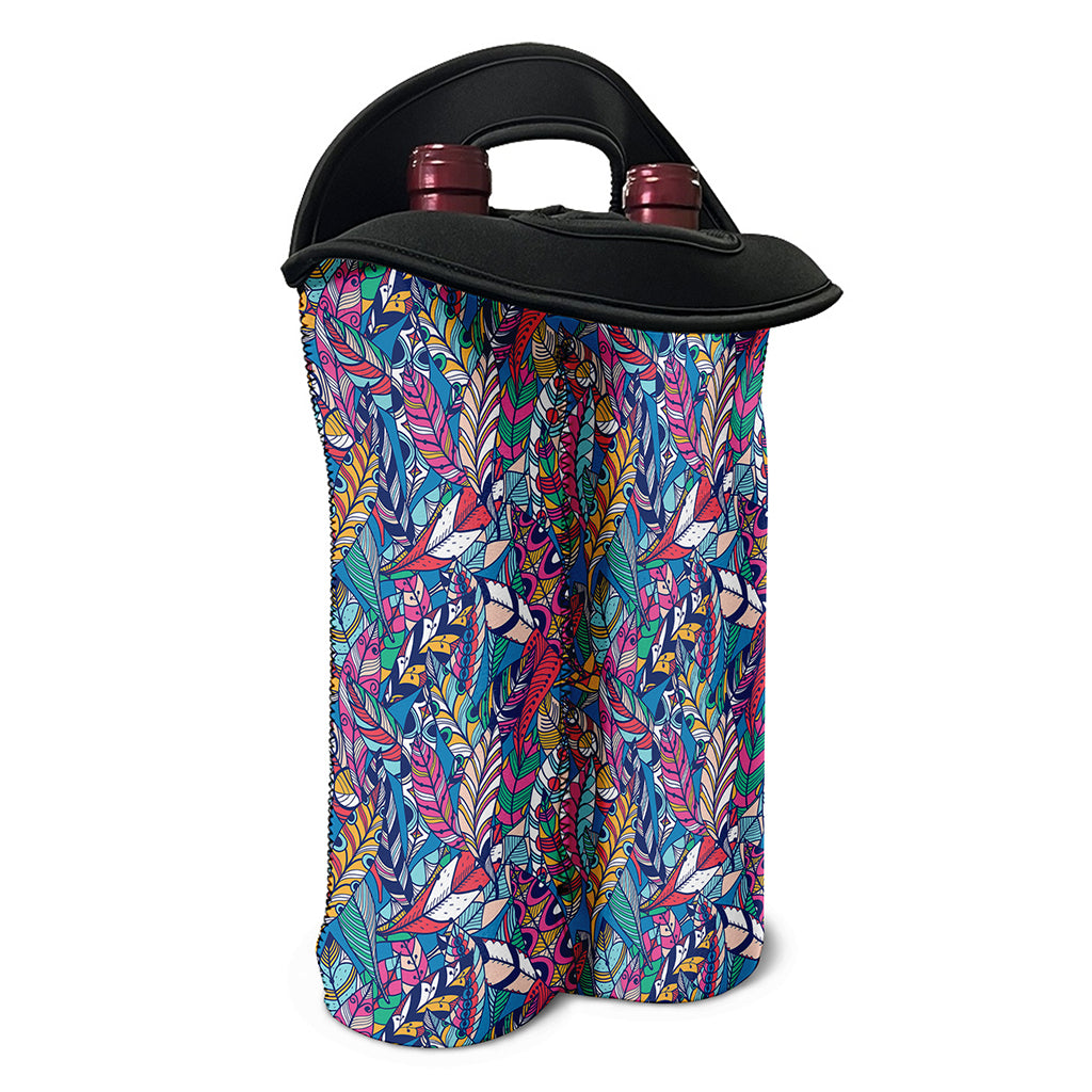 Boho Feather Pattern Print Double Neoprene Wine Tote