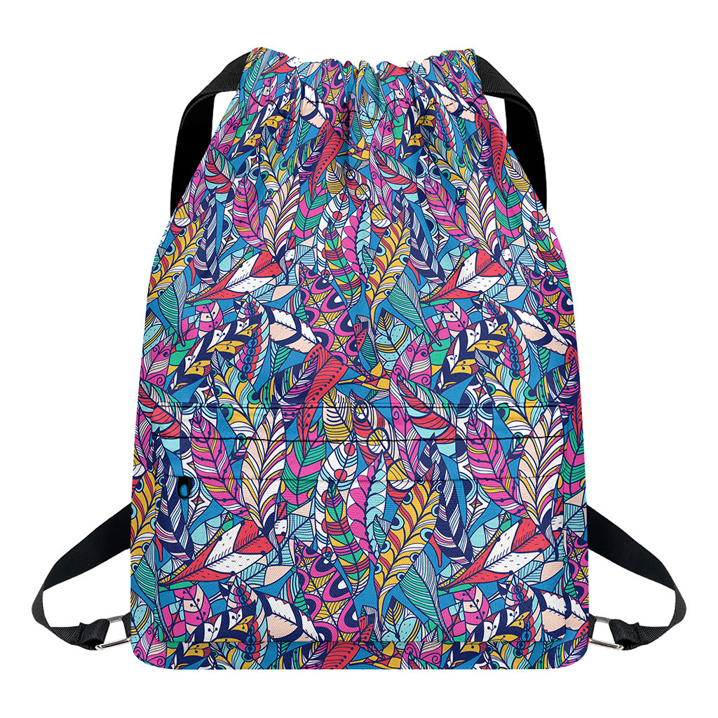Boho Feather Pattern Print Drawstring Backpack