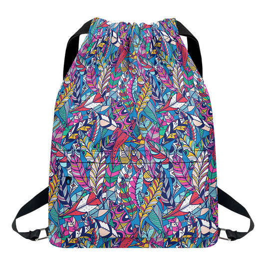 Boho Feather Pattern Print Drawstring Backpack