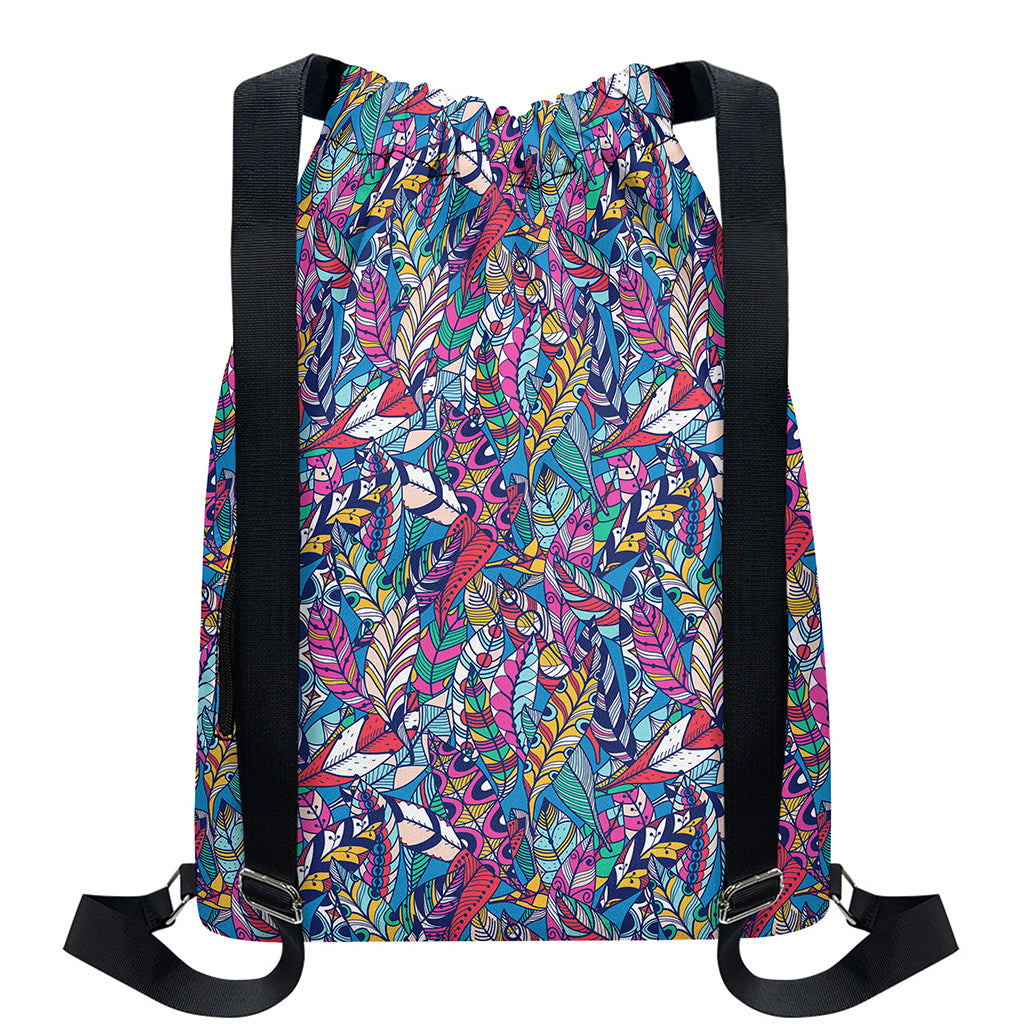 Boho Feather Pattern Print Drawstring Backpack