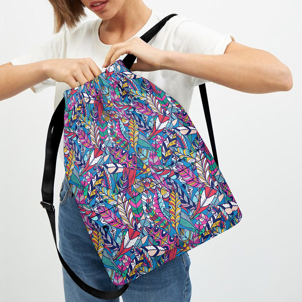 Boho Feather Pattern Print Drawstring Backpack