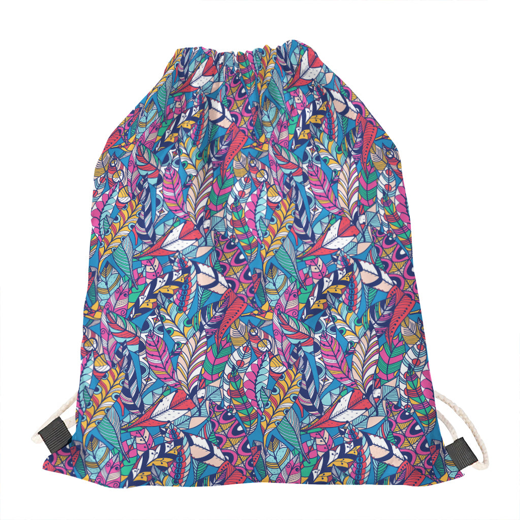 Boho Feather Pattern Print Drawstring Bag