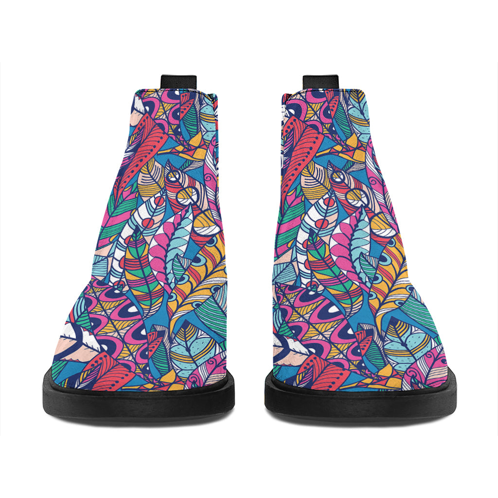 Boho Feather Pattern Print Flat Ankle Boots