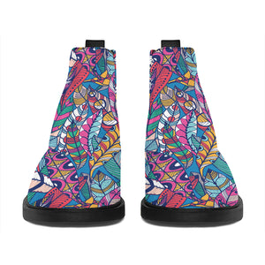 Boho Feather Pattern Print Flat Ankle Boots