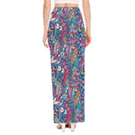 Boho Feather Pattern Print High Slit Maxi Skirt