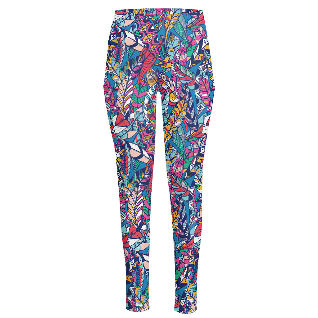 Boho Feather Pattern Print High-Waisted Pocket Leggings