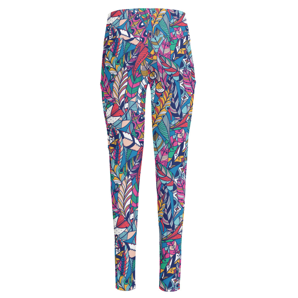 Boho Feather Pattern Print High-Waisted Pocket Leggings