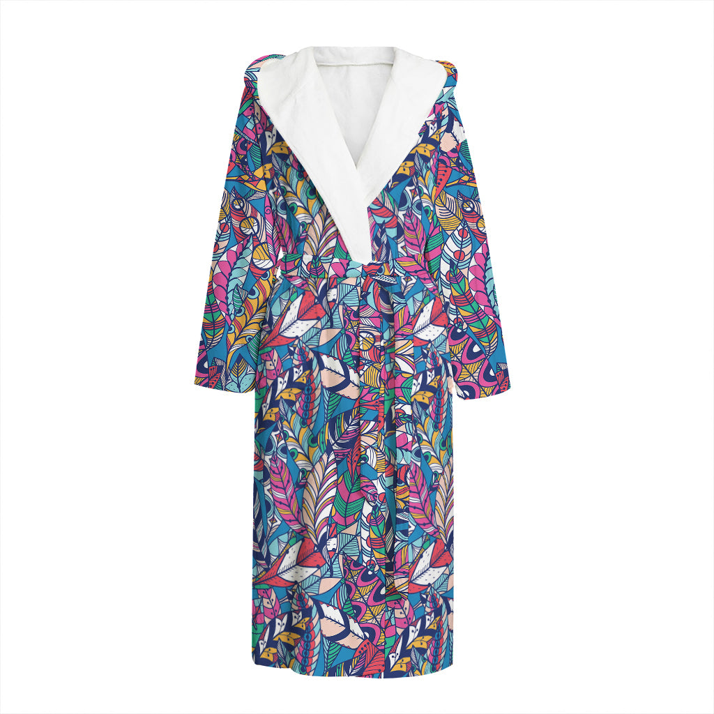 Boho Feather Pattern Print Hooded Bathrobe