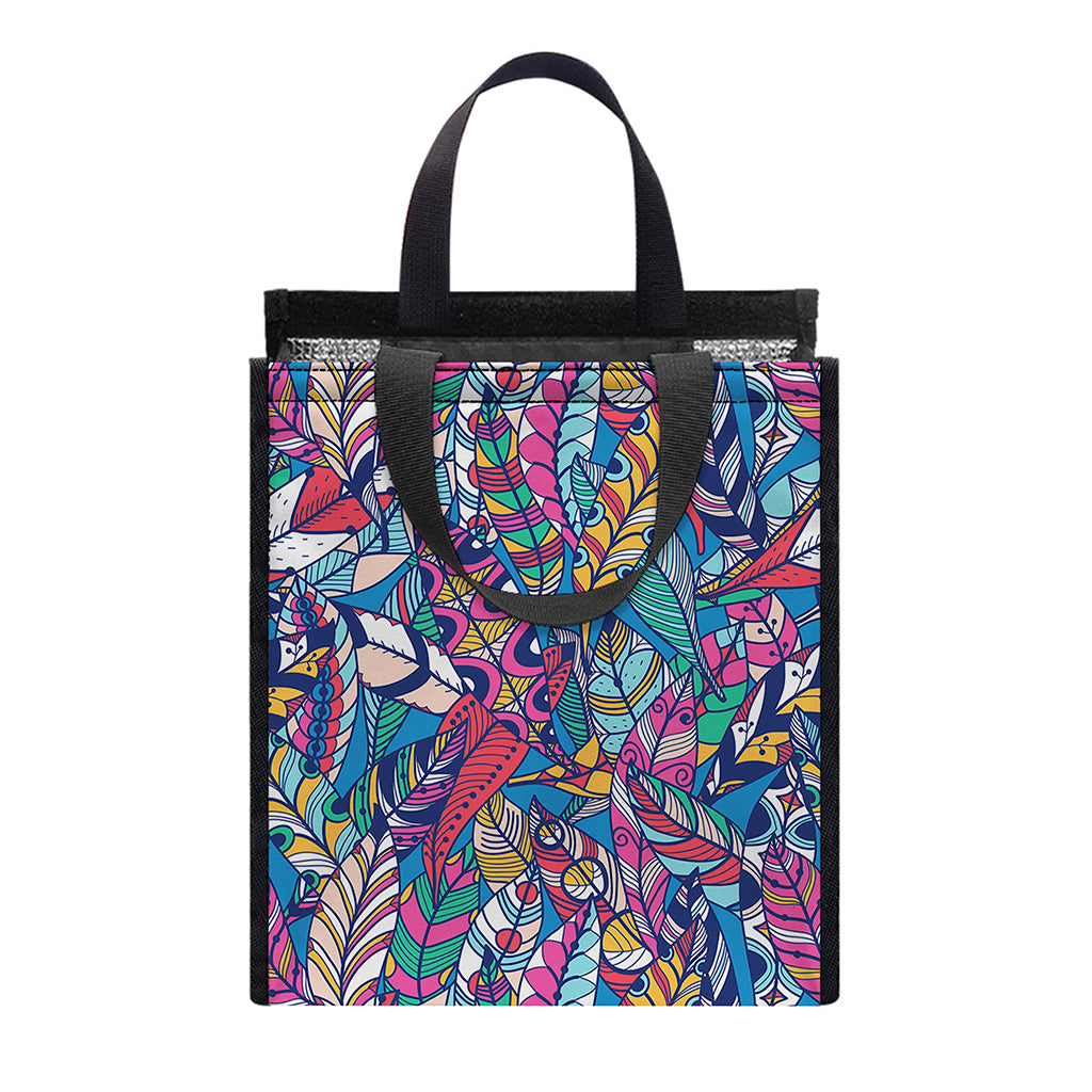 Boho Feather Pattern Print Insulated Lunch Tote