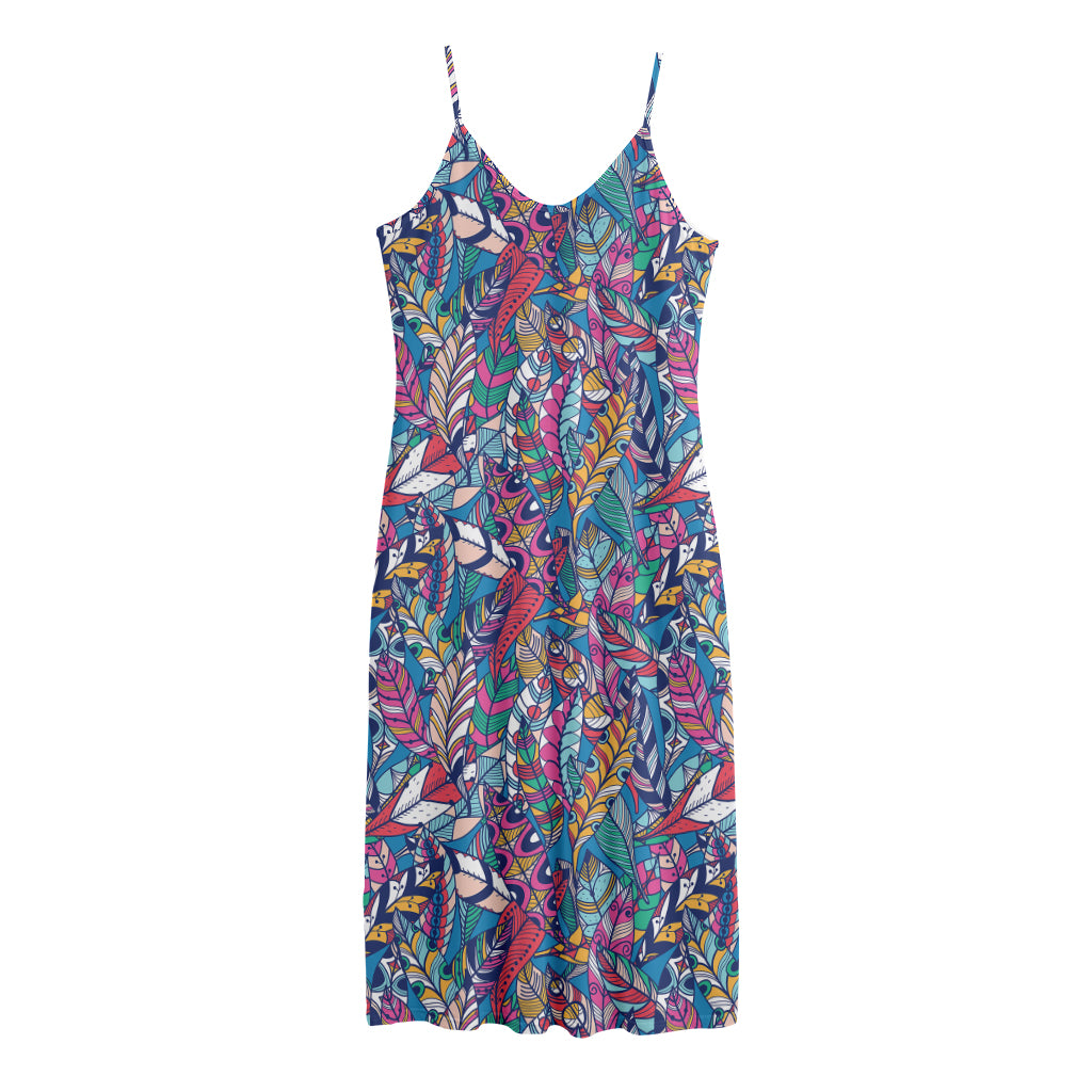 Boho Feather Pattern Print Jersey Midi Cami Dress