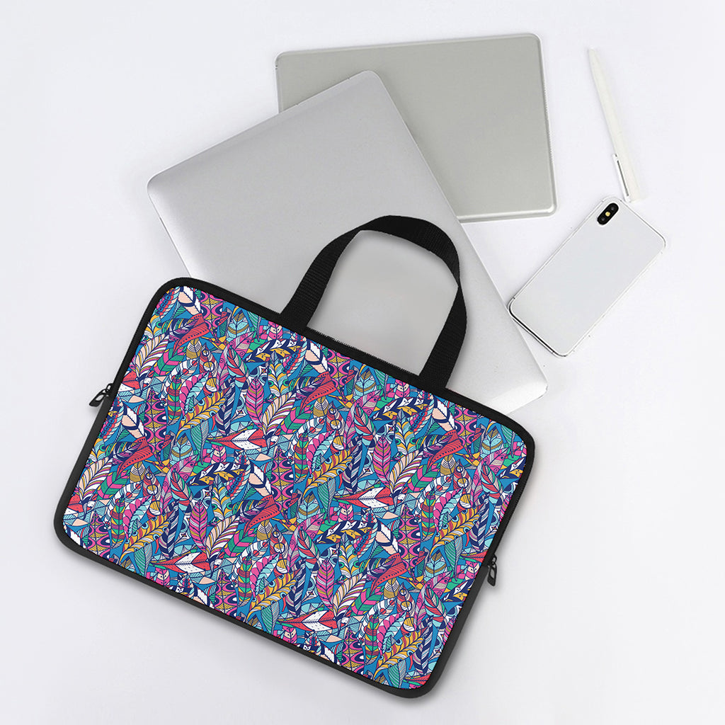 Boho Feather Pattern Print Laptop Sleeve With Handle