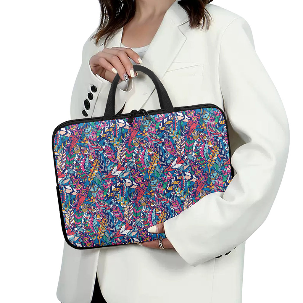 Boho Feather Pattern Print Laptop Sleeve With Handle