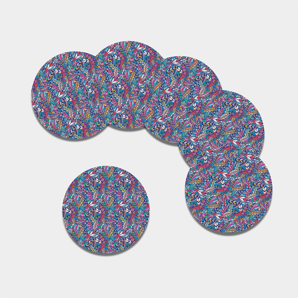 Boho Feather Pattern Print Leather Coaster Set