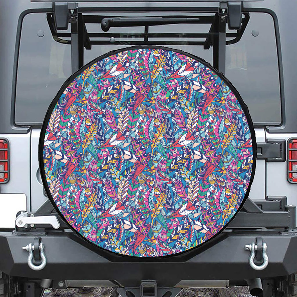 Boho Feather Pattern Print Leather Spare Tire Cover