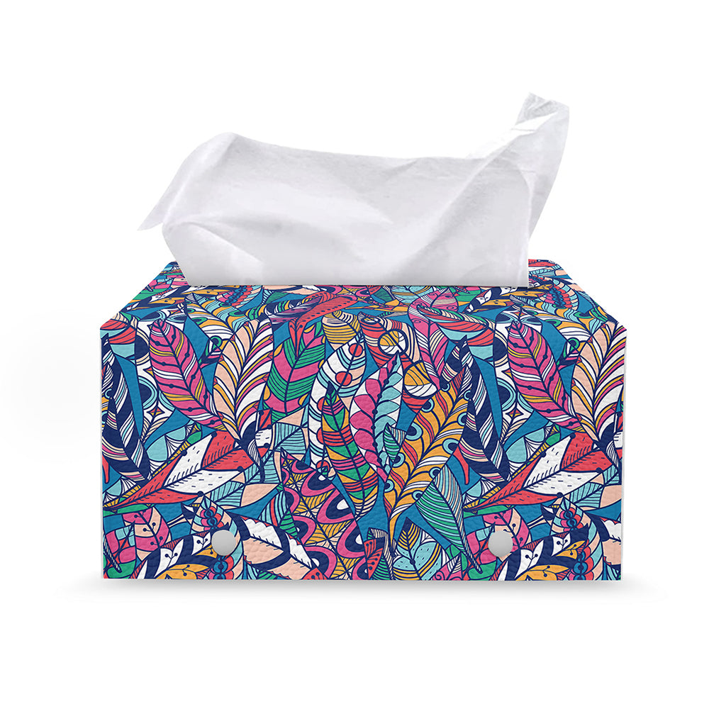 Boho Feather Pattern Print Leather Tissue Box Cover